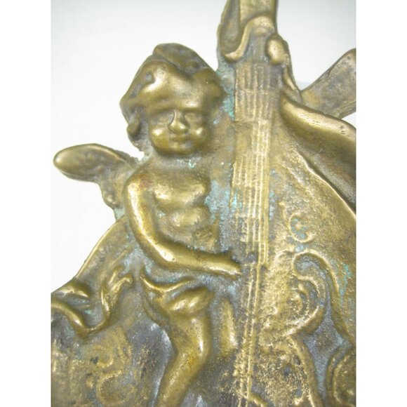 Vintage Brass Cherub Playing Cello Decorative Tray Tabletop Angel Playing Violin - Picture 2 of 12